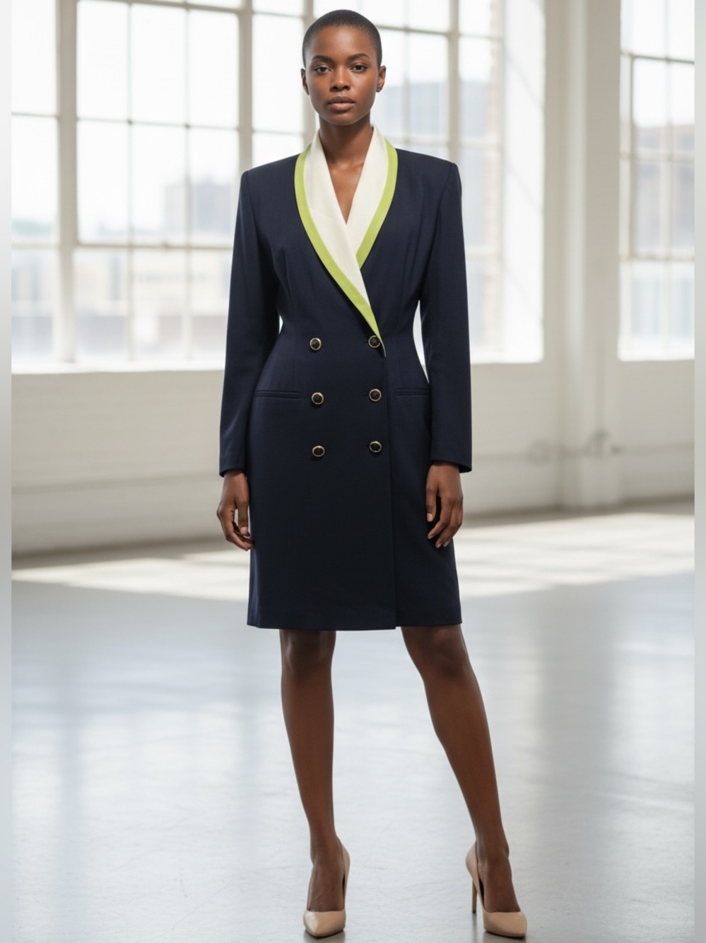 VTG DANNY NICOLE DBL BREASTED NAVY COAT DRESS W CREAM & LIME SHAWL COLLAR SZ 14P
